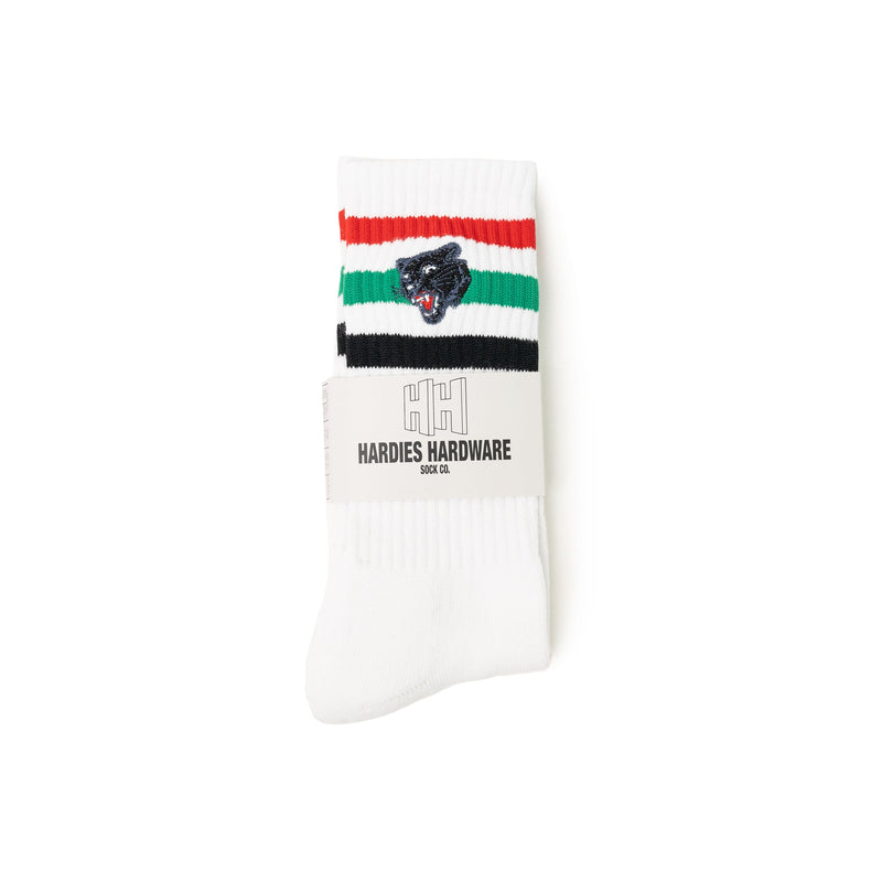 Embroidered Panther Striped Sock - Red/White/Green