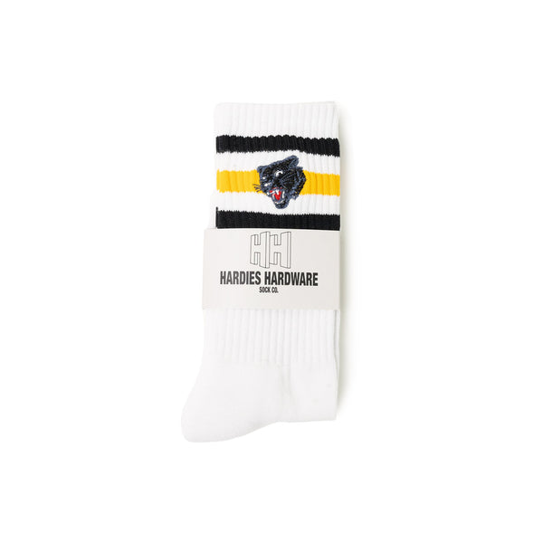 Embroidered Panther Striped Sock - White/Yellow/Black