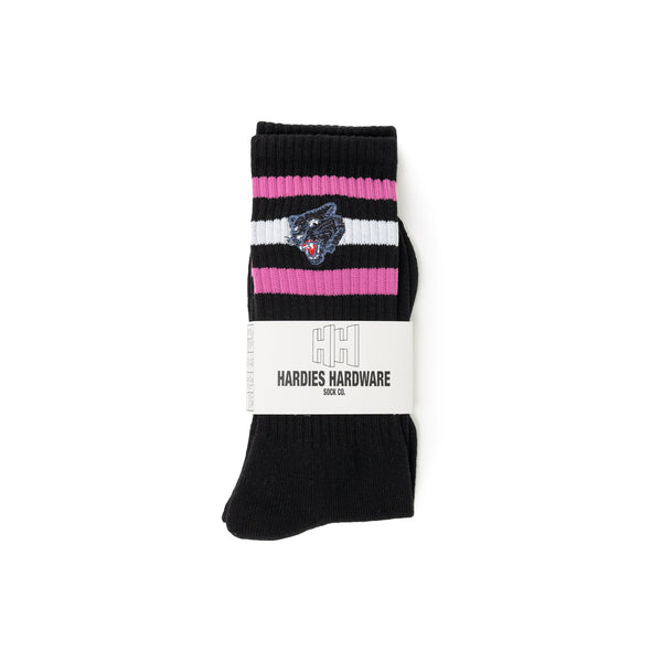 Embroidered Panther Striped Sock - Black/White/Pink